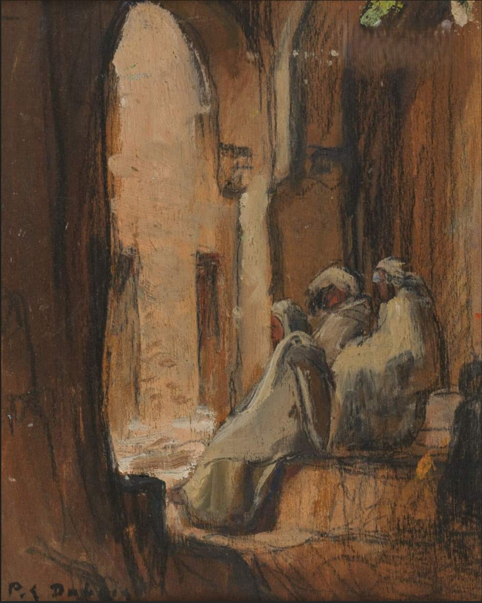 في انتظار الصلاة، فجيج، جماعة قصر الوداغير سنة1927 بريشة Paul-Elie DUBOIS (1886-1949) المرجع الباحث إدريس بحار
